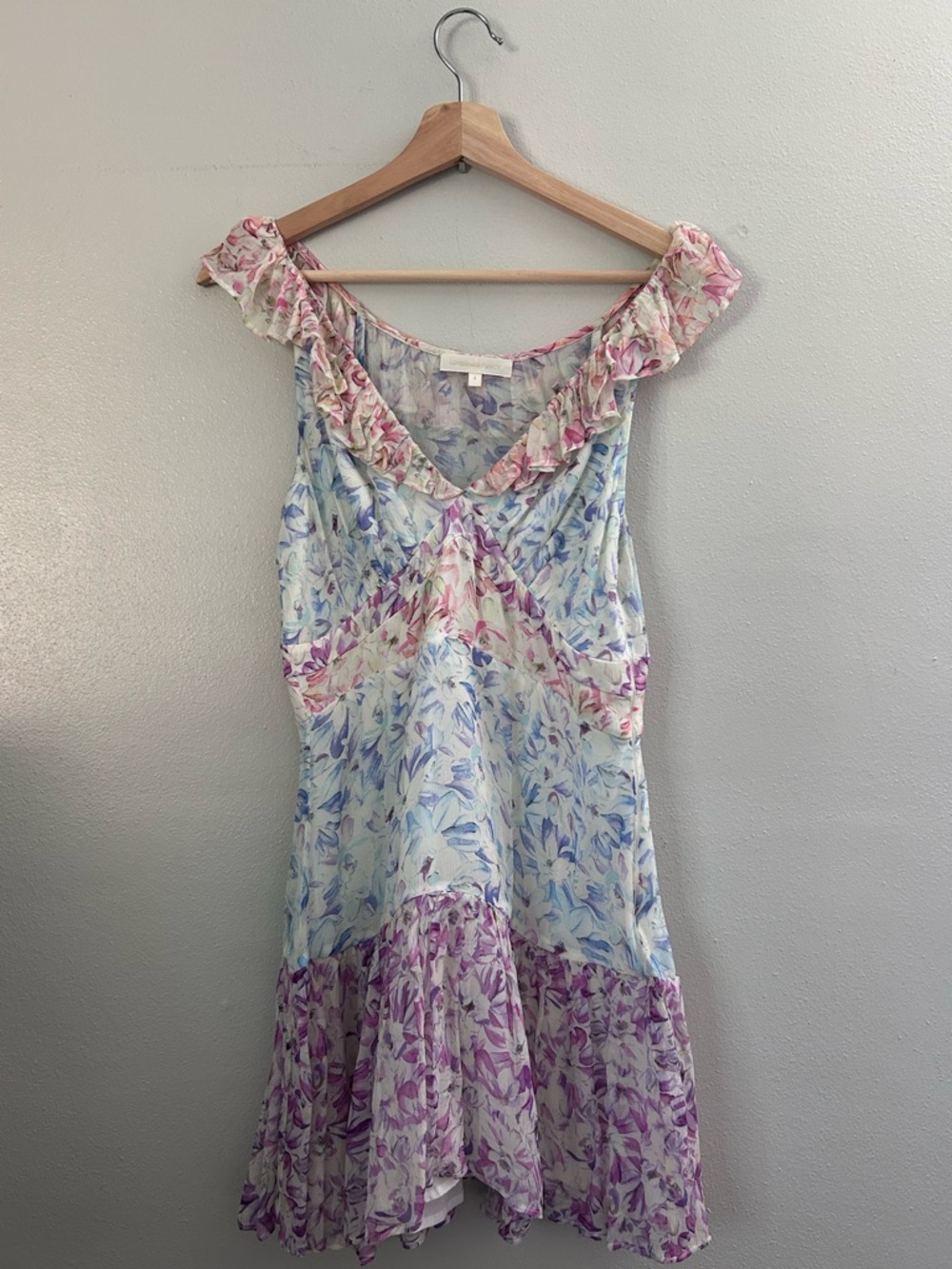 LoveShackFancy Pastel Floral Ruffle Mini Dress - Pink, Blue & Purple